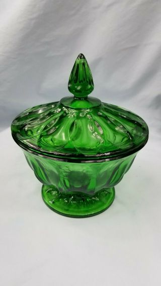 VINTAGE 60 ' s GREEN INDIANA DEPRESSION GLASS LIDDED CANDY DISH FOOTED COMPOTE 3
