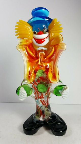 Cool Retro Vintage Murano Multicoloured Glass Clown With Blue Hat 9 " Tall