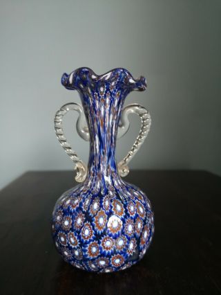 Murano Fratelli Toso? Millefiori Chevron Pattern Handled Art Glass Vase.