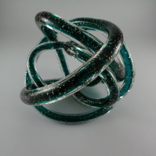 Twisted Rope Endless Knot Hand Blown Green Art Glass W/ Silver Mica Flacks