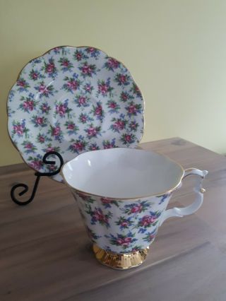 Royal Albert Footed Tea Cup & Saucer,  Pink Roses,  Blue Flowers Gold Trim 4430