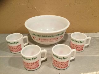 Vintage Hazel Atlas Tom And Jerry Holiday Milk Glass Punch Bowl Set W/4 Cups