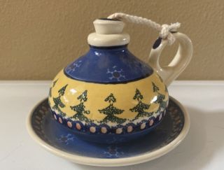 Rare Vintage Boleslawiec Polish Pottery Oil Lamp “winter Pine” Design