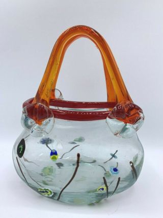 Murano Style Hand Blown Art Glass Millefiori Clear Purse Vase Red Handle 7 "
