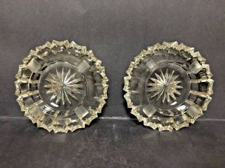 2 Antique American Brilliance Heavy Solid Lead Crystal Hand Cut Etched Ashtrays