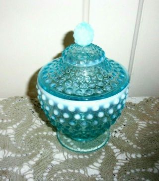 Fenton Blue Opalescent Hobnail Candy Dish With Lid