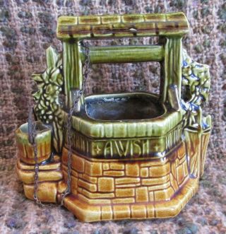 Old Vintage Mccoy Art Pottery Wishing Well Planter W Bucket Usa Green & Brown