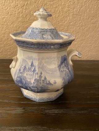 Antique Blue Transferware Sugar Bowl With Lid