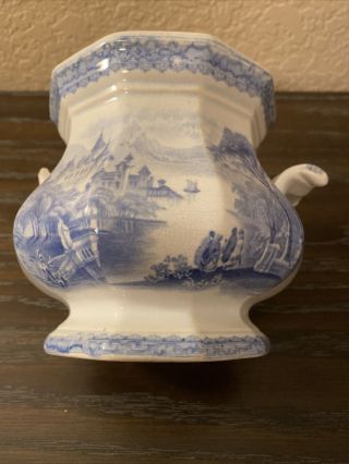Antique Blue Transferware Sugar Bowl With Lid 2