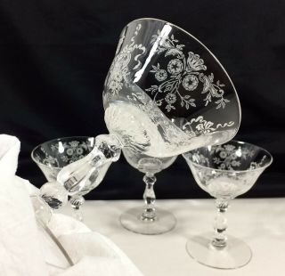 4 Vtg Optic Glass Etch Floral Crystal Champagne Sherbet Ball Stem Goblets 4 7/8 "