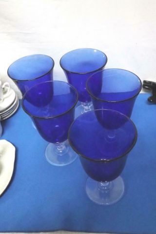 Vintage Set Of 5 Cobalt Blue Footed Pedestal Goblets Wine Glass