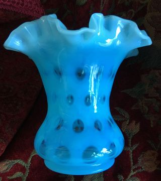 Vintage Fenton Blue Opalescent Coin Dot Ruffled And Crimped Vase 6”fabulous