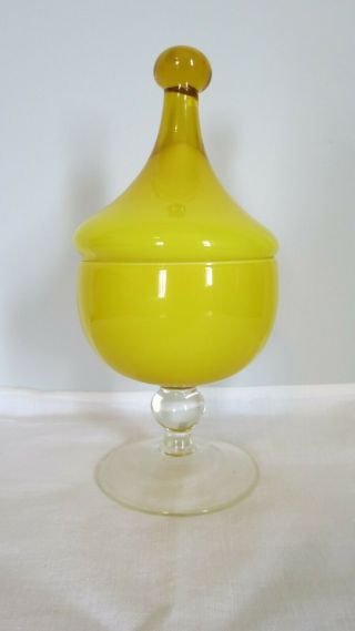 Vintage Mcm Empoli Cased Glass Candy Dish Apothecary Jar Circus Tent Lid Yellow