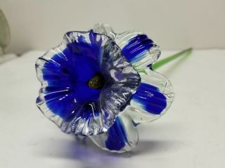 Art Glass Cobalt Blue And Clear Ruffled Long Stem Glass Flower 19 "