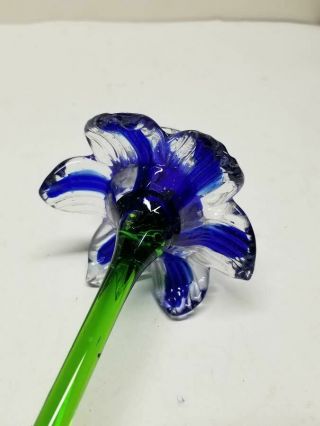 ART GLASS COBALT BLUE and CLEAR RUFFLED LONG STEM GLASS FLOWER 19 