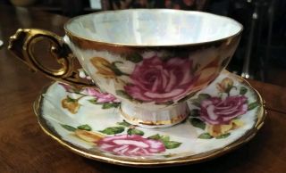 Royal Sealy China Japan Tea Cup And Saucer Roses And Gold Pattern