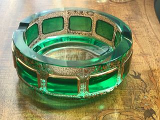 Bohemian Moser Art Glass Gold Ashtray Cabochon Green Cut To Clear 5” Ash Tray