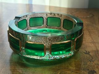 Bohemian Moser Art Glass Gold Ashtray cabochon green Cut To Clear 5” ash tray 2
