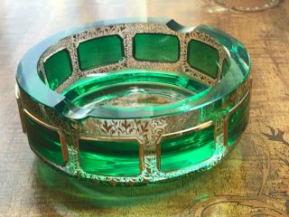 Bohemian Moser Art Glass Gold Ashtray cabochon green Cut To Clear 5” ash tray 3