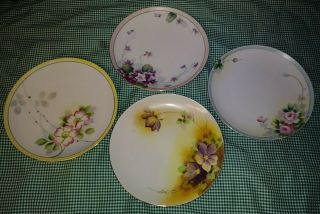 Set Of 4 Antique Nippon 8 " Cabinet Plates Violets Roses Primrose Pink Purple Exc