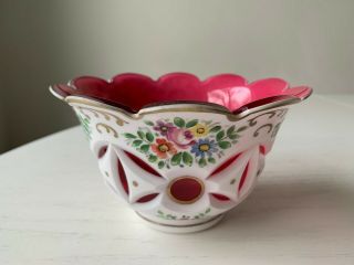 Vintage Bohemian Czech Art Glass Cased White To Cranberry Cut Bowl Gorgeous