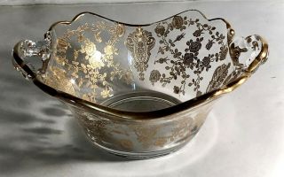 Cambridge Crystal Rose Point With Gold Overlay 5 " Handled Bowl