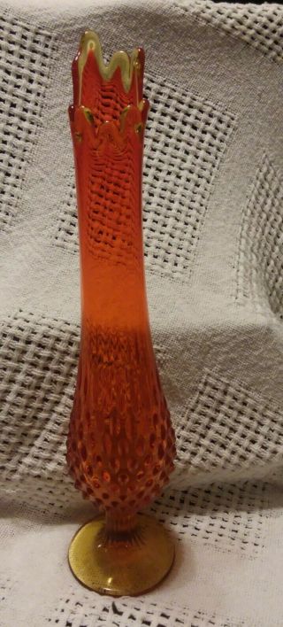 Vintage Retro Orange & Amber Glass Hobnail Bud Vase - 14 1/2 Inches Tall