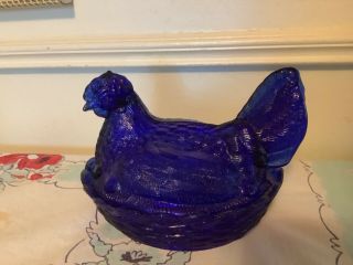 Vtg Cobalt Blue Glass Covered Hen On A Nest Chicken In A Basket Candy Dish