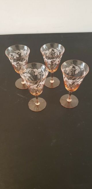 Vintage Etched Pink Depression Glass - Set Of 4 Gorgeous Glasses