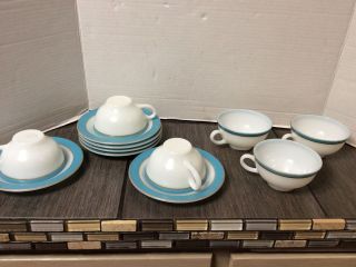6 Vtg Pyrex Milk Glass Gold Turquoise Blue Rim Mcm 4”cups And 6 1/4” Saucers