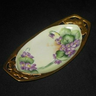 R S Germany Hand Painted Ornate Gold Handles Tray Purple Violets Gold Rim 1914