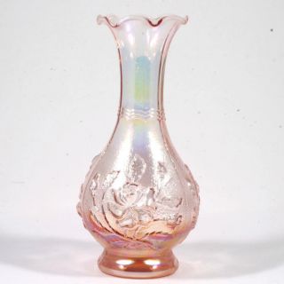 Imperial Carnival Glass Vase Pink Open Rose Vintage Signed Iridescent