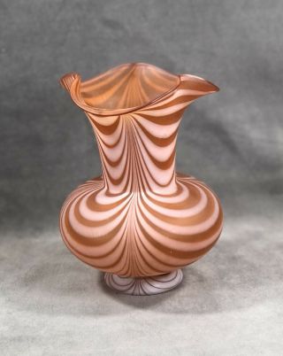 Murano Orange/brown And White Pulled Feather Vase