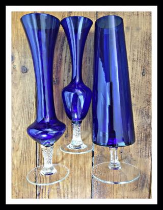 3 Vintage Glass Bud Vase Cobalt Blue Twisted Etched Empoli Bathroom Bedroom