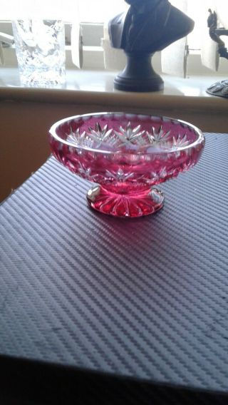 Bohemian Cranberry Pink Cut To Clear Crystal Small Pedastal Dish 4 Inches Vgc