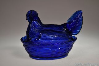 Cobalt Blue Glass 6” Hen On Nest Basketweave Split Tail Chicken Candy Dish