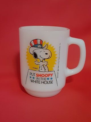 Fire King " Put Snoopy In The White House " White Milk Glass Coffee Cup Series 3