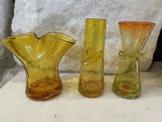 3 Rare Blenko Art Glass Amber Crackle Midcentury Mini Miniature Vases 1 Signed