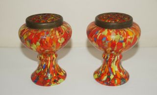 Pair Vintage Art Deco Czech Spatter Glass End Of Day Stemmed Rose Bowls Vases