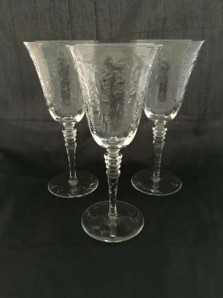 Set Of 3 Vintage Art Deco Floral Etched Crystal Wine Water Goblets Glasses Mcm