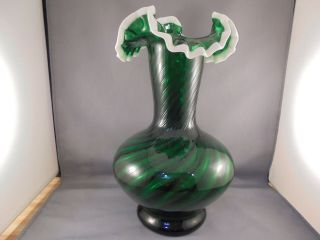 Vintage Fenton Art Glass Large Emerald Green Swirl Snow Crest Vase 11 "