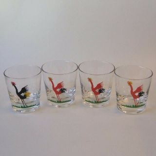 4 Vintage Federal Glass Red Black Crowing Rooster Cocktail Rocks Glasses