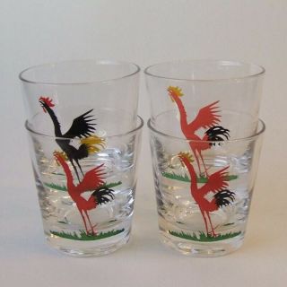4 Vintage Federal Glass Red Black Crowing Rooster Cocktail Rocks Glasses 2