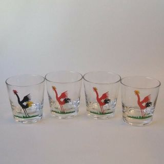 4 Vintage Federal Glass Red Black Crowing Rooster Cocktail Rocks Glasses 3