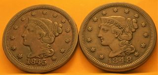 1845,  1848 Braided Hair,  Large Us Cents.  Maybe Vf And Xf.