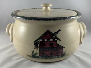 Home And Garden Party Birdhouse Stoneware Round Covered Casserole June 2001