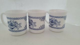 Set Of 3 Arcopal France Honorine Blue & White Coffee Tea Mugs Cups