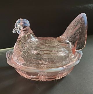 Pink Opalescent Fenton Glass Hen On Nest Covered Dish