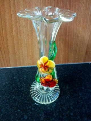 Vintage Murano Style Art Glass Vase With Applied Flowers Ornament 19cm Tall