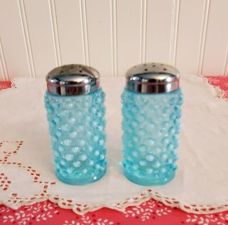 Vintage 1940s Fenton Glass Hobnail Aqua Blue Opalescent Salt & Pepper Shakers
